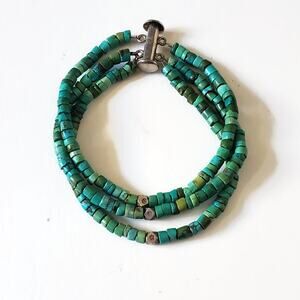 Vintage Turquoise Heishi Bead 3 Strand Sterling Silver Bracelet 7.25"